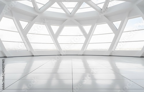 Empty Rounded White Room With Windows, White Ceiling, And Floor. The Interior Structure Of Modern Architecture