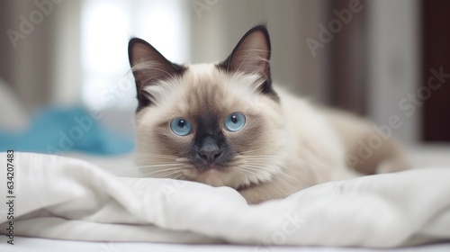 Siamese cat resting in the bed.
