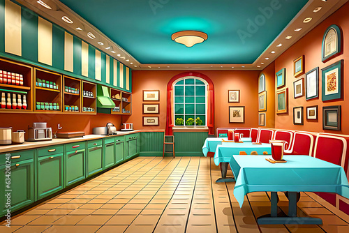Charming cartoon vintage-themed restaurant cafe indoor background © Massivein2Passive