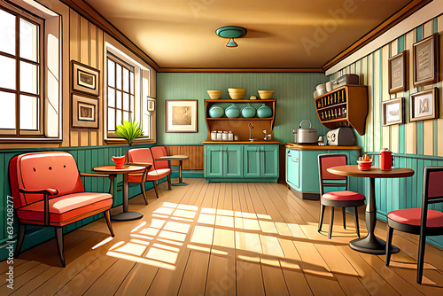 Charming cartoon vintage-themed restaurant cafe indoor background