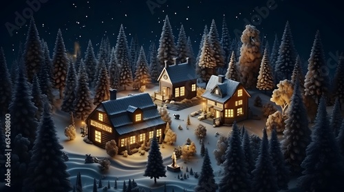 Winter nights  houses outside the city in mountains and conifer dense forests covered with snow. Christmas Illustration landscape background. Holiday happiness. 