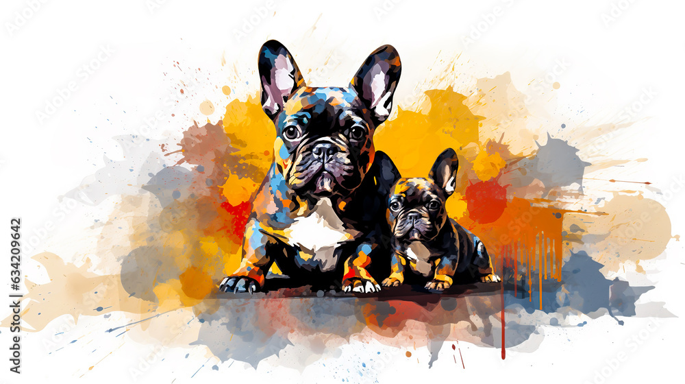 Naklejka French bulldog mom and her puppy colorful vector illustration in abstract mixed grunge colors digital painting in minimal graphic art style. Digital illustration generative AI.
