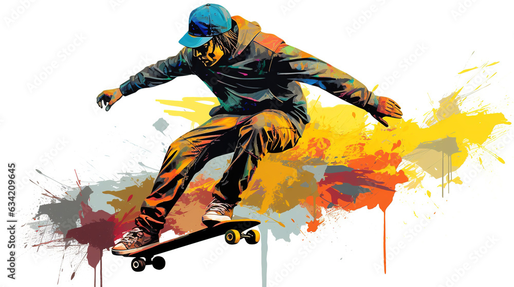 Teenage man playing skateboard illustration vector in abstract mixed grunge colors digital painting in minimal graphic art style. Sport concept. Digital illustration generative AI.