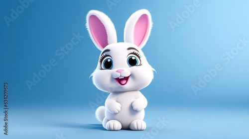 3D rendered cute small smiling rabbit cartoon character isolated on blue background. Digital illustration generative AI. © Tepsarit