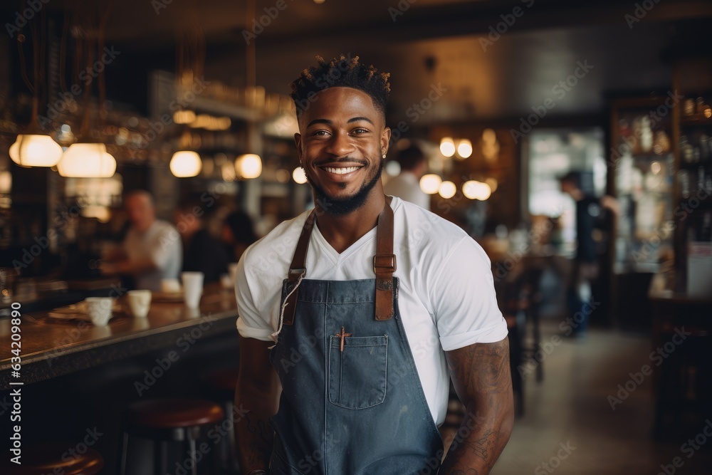 Young male latin waiter working in a cafe bar in the city portrait - obrazy, fototapety, plakaty 