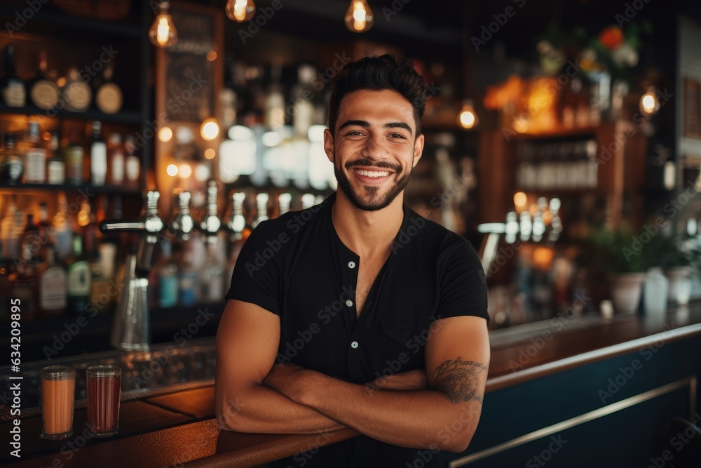 Young male latin waiter working in a cafe bar in the city portrait Young male latin waiter working in a cafe bar in the city portrait