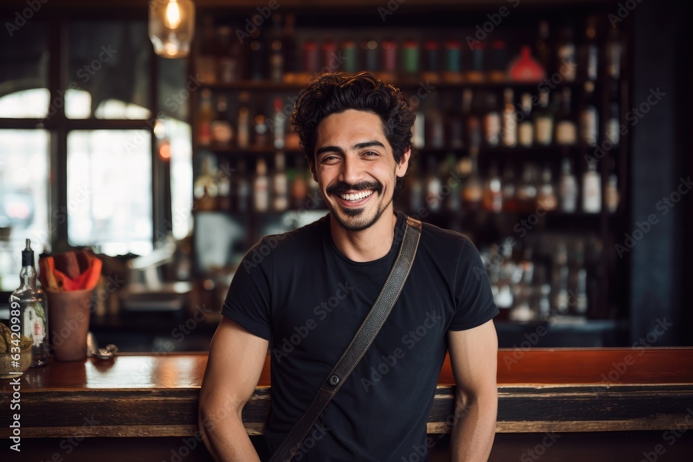Young male latin waiter working in a cafe bar in the city portrait Young male latin waiter working in a cafe bar in the city portrait
