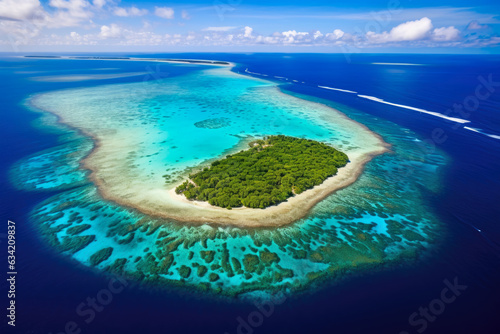 Vibrant Aerial View of a Pristine Coral Atoll Surrounded by Turquoise Waters and Flourishing Marine Life