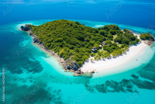 Serene Aerial View of a Hidden Secret Island Paradise with Crystal Clear Turquoise Waters and Pristine White Sandy Beaches