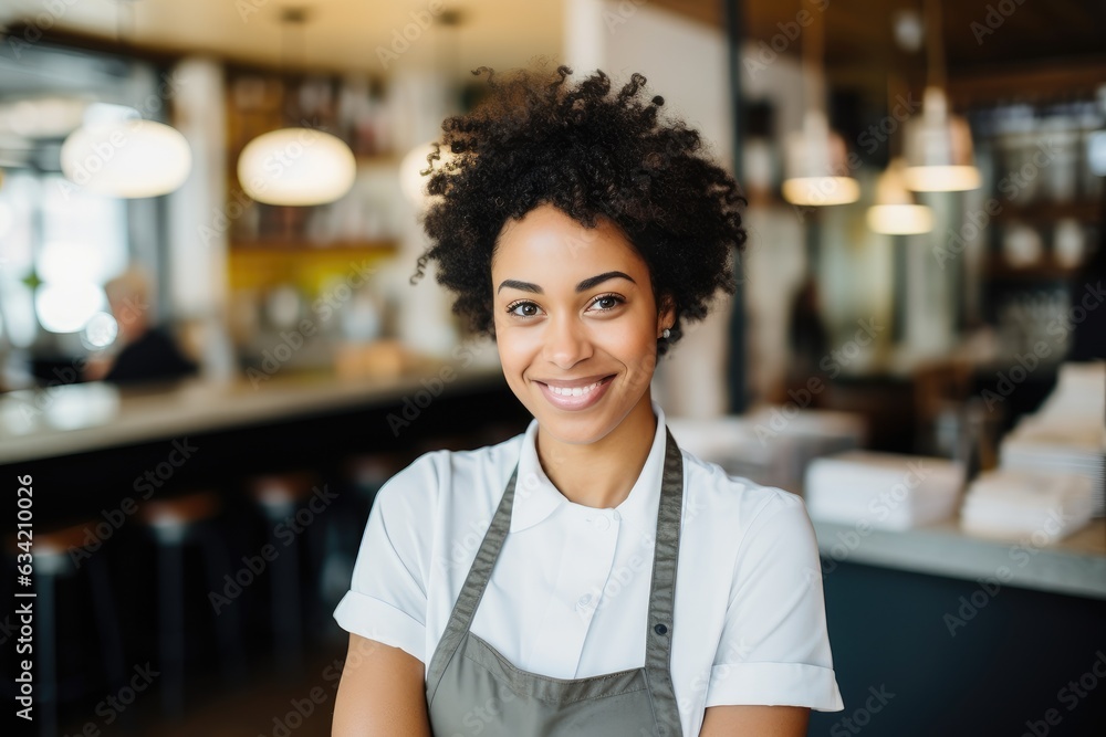 Young female african american waitress working in a cafe bar in the city Young female african american waitress working in a cafe bar in the city