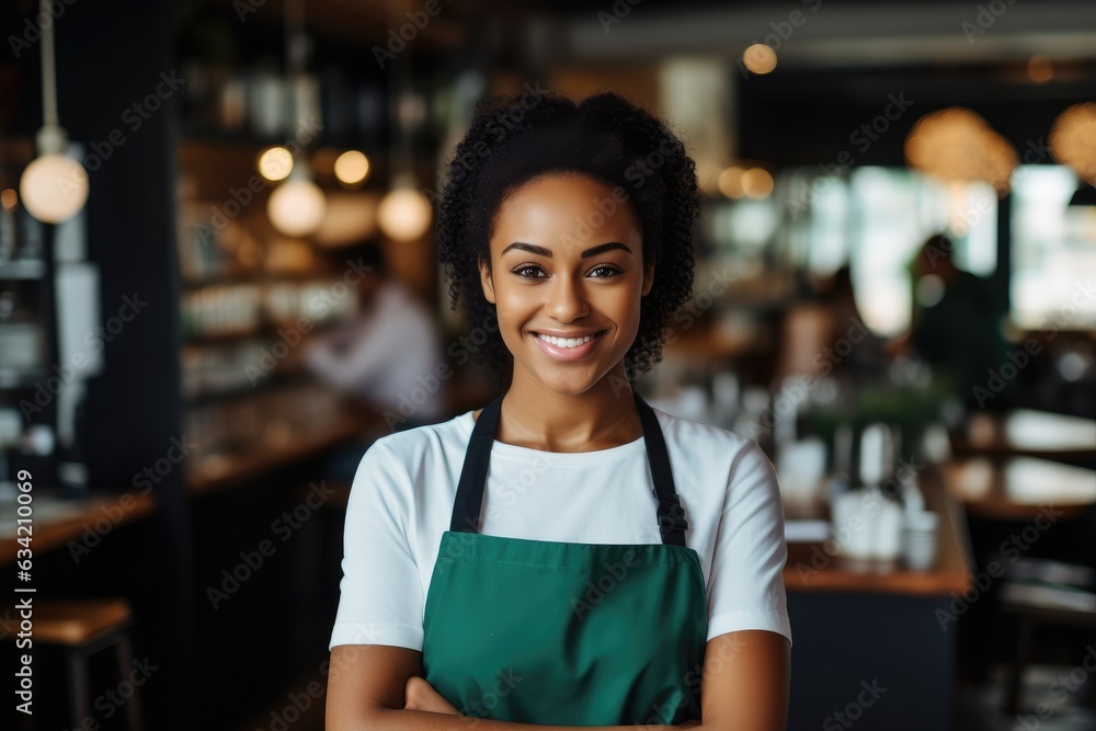 Young female african american bartender working in a cafe bar in the city Young female african american bartender working in a cafe bar in the city