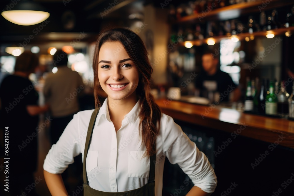 Young female african american bartender working in a cafe bar in the city Young female african american bartender working in a cafe bar in the city