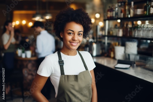 Young female african american waitress working in a cafe bar in the city © NikoG