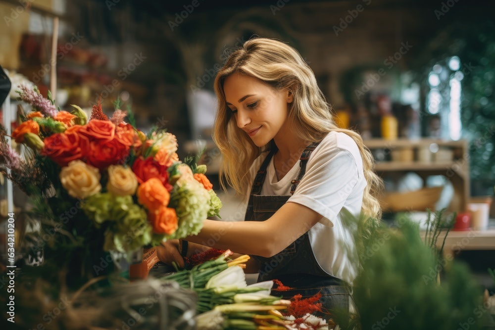 Young caucasian woman working in a flower shop selling flowers