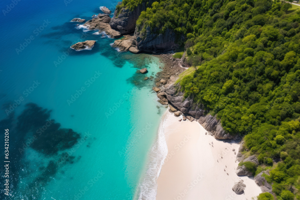 Serene Aerial View of a Hidden Paradise - Secret Beach with Crystal Clear Turquoise Waters, Pristine White Sand, and Lush Greenery