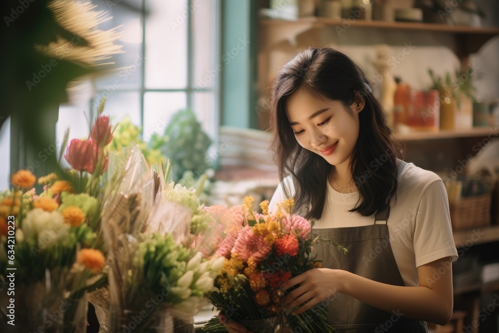 Young japanese woman working in a flower shop selling flowers in the city