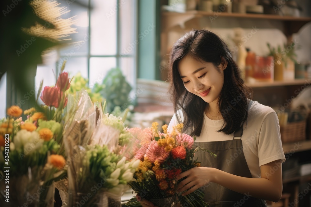 Young japanese woman working in a flower shop selling flowers in the city Young japanese woman working in a flower shop selling flowers in the city
