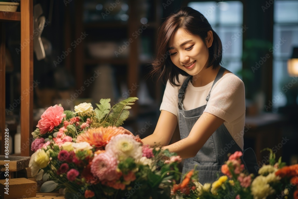 Young japanese woman working in a flower shop selling flowers in the city