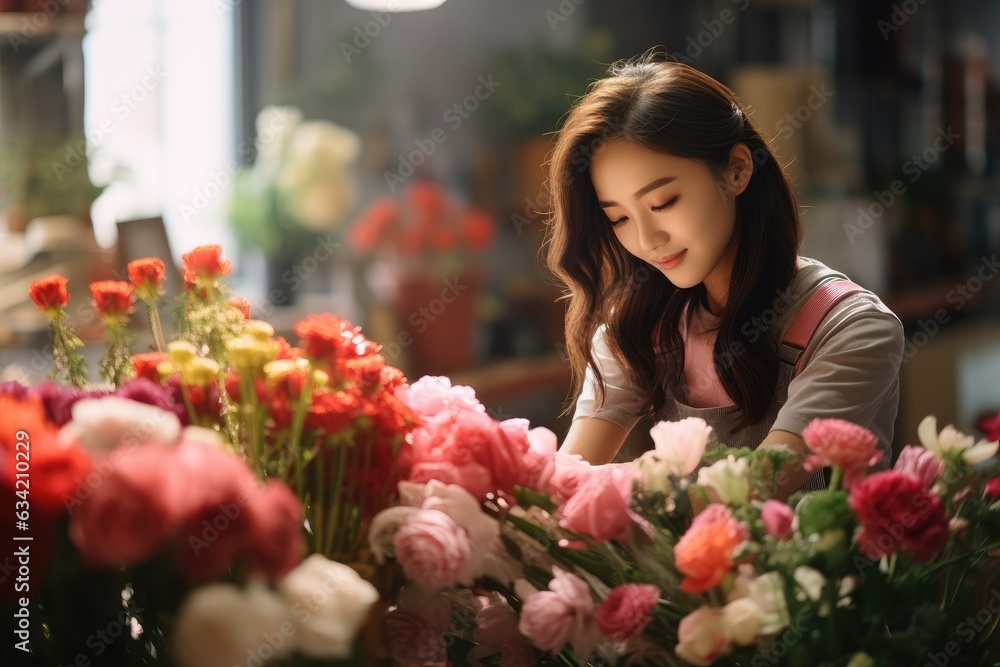 Young chinese woman working in a flower shop selling flowers