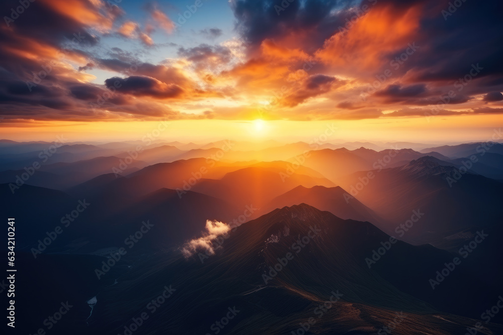 Majestic Aerial View of a Breathtaking Sunset over the Serene and Majestic Mountain Range