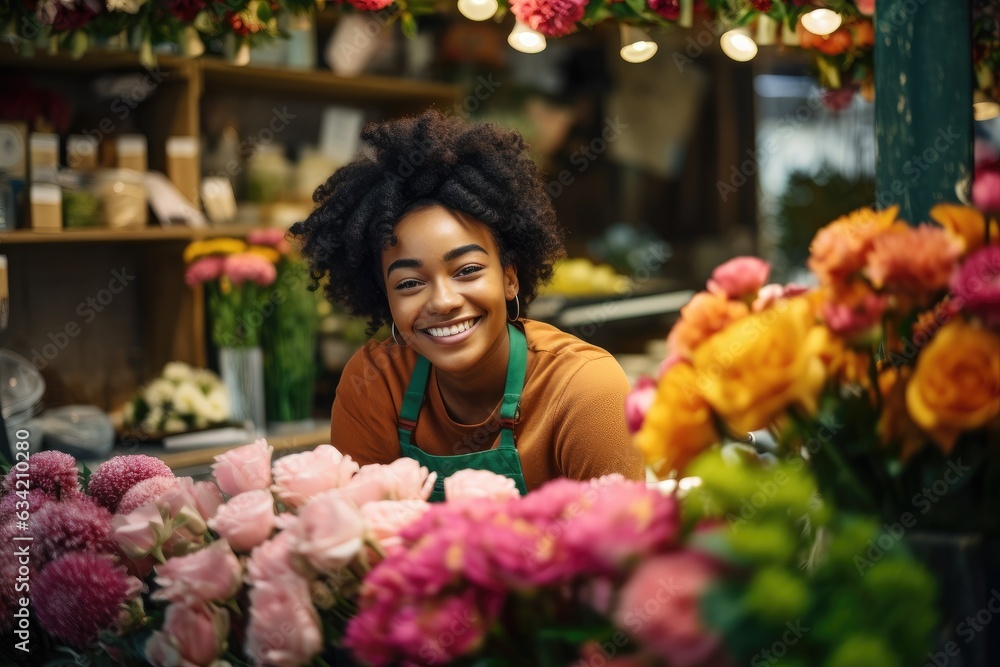 Young woman of african ethnicity working in a flower shop