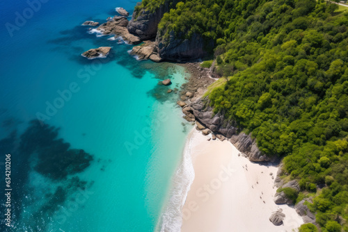 Serene Aerial View of a Hidden Paradise - Secret Beach with Crystal Clear Turquoise Waters, Pristine White Sand, and Lush Greenery © aicandy