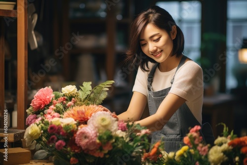 Young japanese woman working in a flower shop selling flowers in the city © NikoG