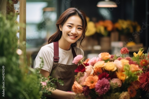 Young korean woman working in a flower shop in the city © NikoG