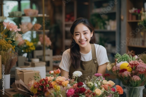 Young asian woman working in a flower shop selling flowers © NikoG