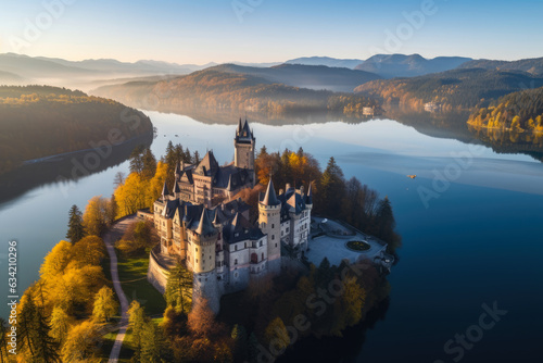 Majestic Aerial View of a Fairy Tale Castle Amidst Enchanting Surroundings, Bathed in Golden Sunlight photo