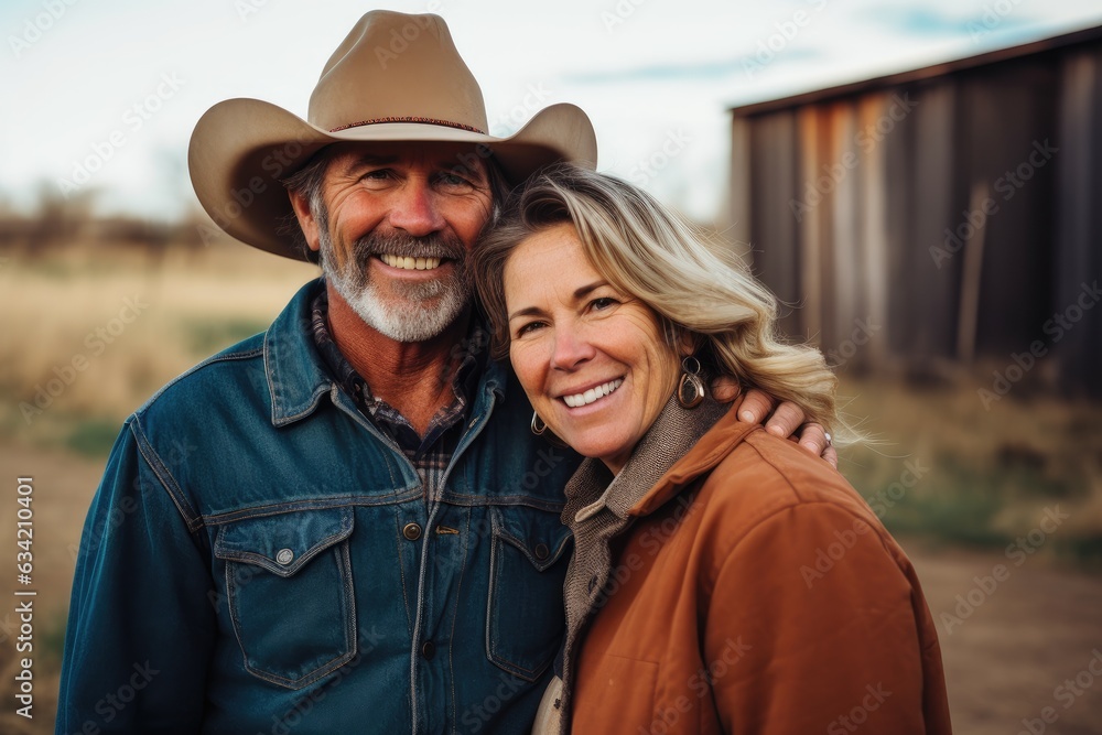 Middle aged caucasian couple living on a farm in the countryside smiling portrait