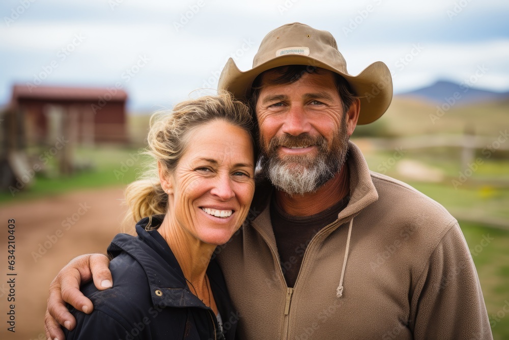 Middle aged caucasian couple living on a farm in the countryside smiling portrait
