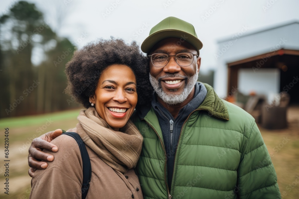 Middle aged african american couple living on a farm in the countryside smiling portrait