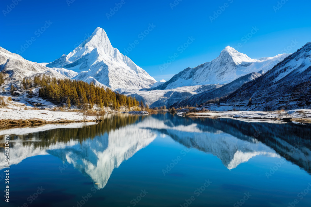 Majestic Snow-Capped Peaks Reflecting in Crystal Clear Waters Under a Perfect Blue Sky