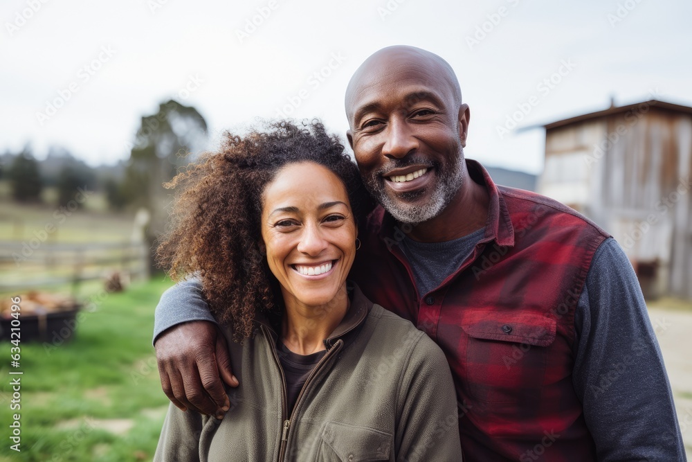 Middle aged african american couple living on a ranch in the countryside smiling portrait Middle aged african american couple living on a ranch in the countryside smiling portrait
