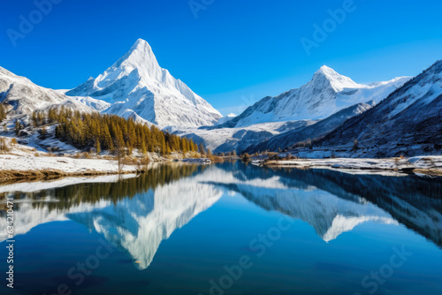 Majestic Snow-Capped Peaks Reflecting in Crystal Clear Waters Under a Perfect Blue Sky