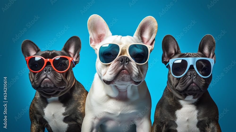 Playful Bulldog Family Portrait: Three Adorable French Bulldogs in Sunglasses - Studio Shot with White and Brown Bulldogs on a Studio Background