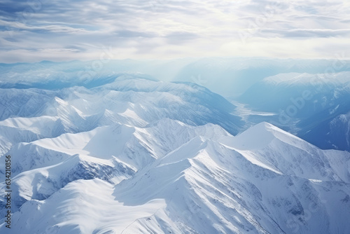 Majestic Winter Wonderland: Aerial View of Snow-Capped Peaks Glistening under the Sunlight