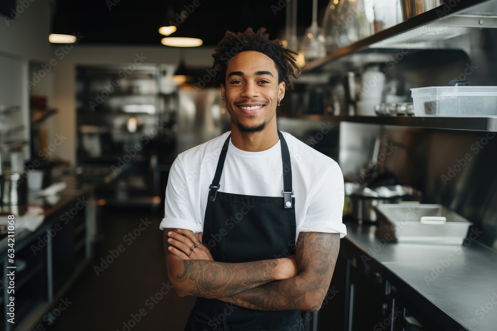 Young male african american chef smiling while working in a restaurant kitchen Young male african american chef smiling while working in a restaurant kitchen