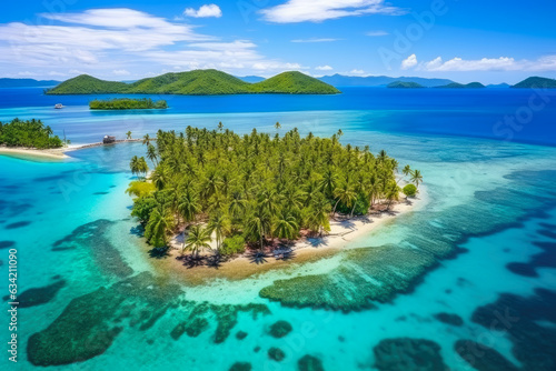 Aerial View of a Breathtaking Tropical Paradise with Crystal Clear Turquoise Waters, Pristine White Sandy Beaches, Lush Green Palm Trees, and Colorful Coral Reefs