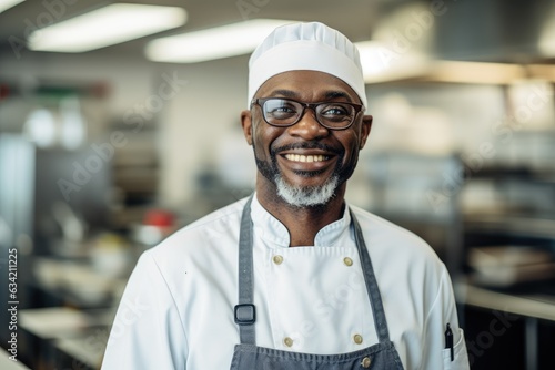 Middle aged african american chef working in a restaurant kitchen photo