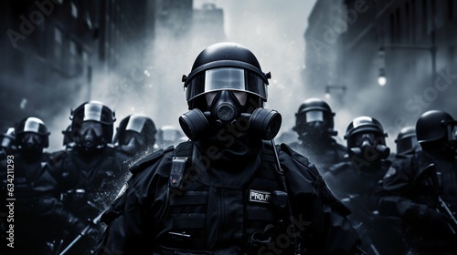 Anti-Riot Police Ready for Civil Disturbance. Generative ai © Scrudje