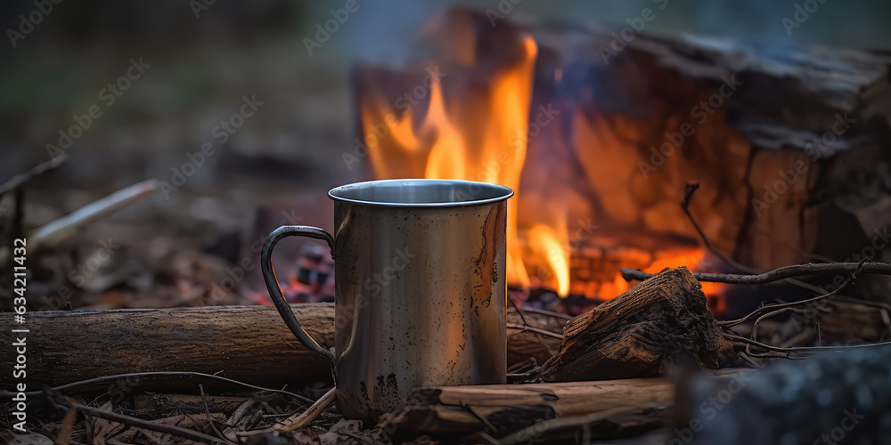 Lifestyle photograph of a simple matte metal coffee mug by the campfire. Creative wallpaper for camping and camping equipment and utensils. Lifestyle photograph of a simple matte metal coffee mug by the campfire. Creative wallpaper for camping and camping equipment and utensils.