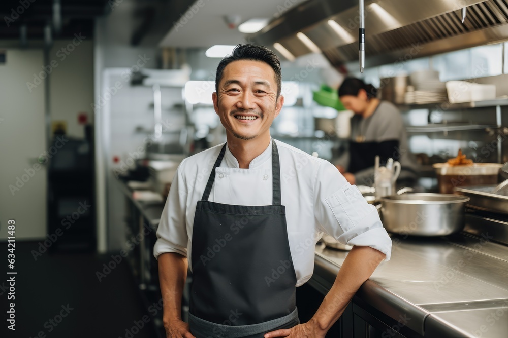 Middle aged chinese chef working and preparing food in a restaurant kitchen smiling portrait Middle aged chinese chef working and preparing food in a restaurant kitchen smiling portrait
