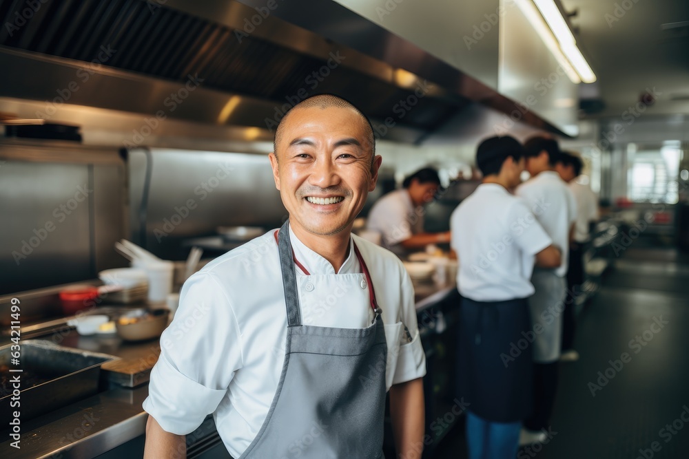Middle aged asian chef working in a restaurant kitchen smiling portrait Middle aged asian chef working in a restaurant kitchen smiling portrait
