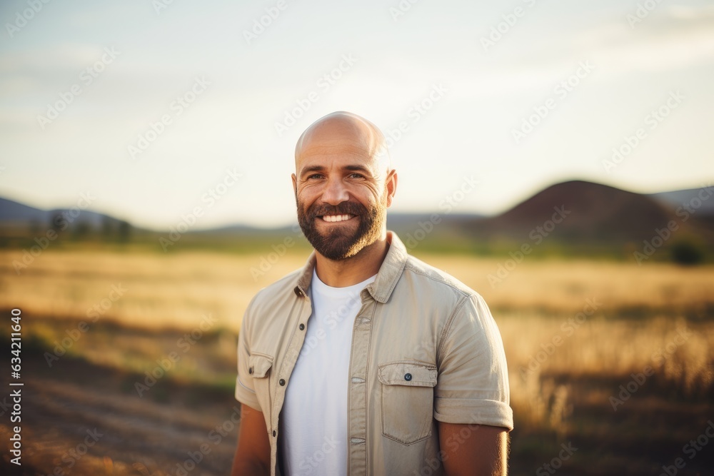 Middle aged caucasian farming smiling on his farm field Middle aged caucasian farming smiling on his farm field