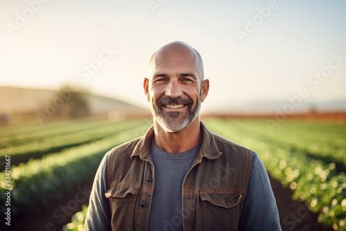 Middle aged caucasian farming smiling on his farm field