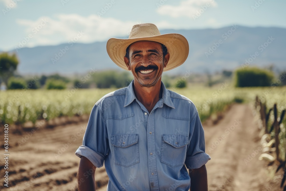 Fototapeta premium Middle aged latin male farmer working on a farm field smiling portrait