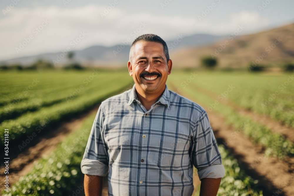 Middle aged latin male farmer working on a farm field smiling portrait