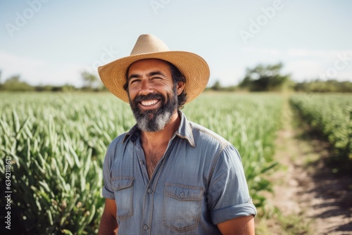 middle aged male mexican farmer smiling and working on a farm field portrait